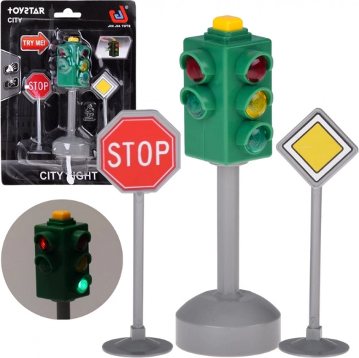 giocattolo semaforo luminoso con suono e 2 segnali stradali