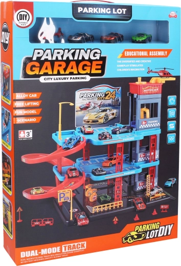 Garage a più livelli con ascensore, 3 auto in metallo e un elicottero