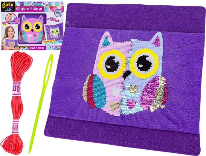 Set creativo per cucire un cuscino di peluche con paillettes cangianti – gufo