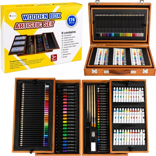 Grande set artistico in valigetta di legno per pittura e disegno 174 pz