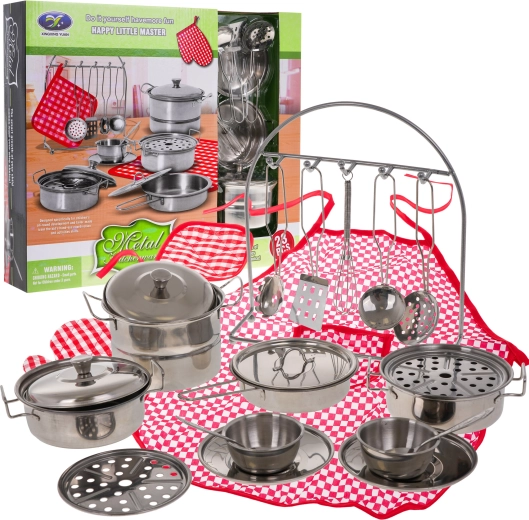 Set da cucina in metallo per bambini, 23 pezzi con stoviglie, posate e grembiule da chef