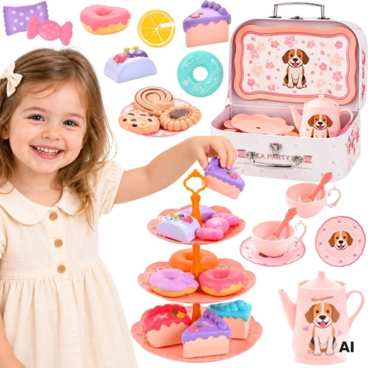 Set da tè rosa Woopie con cucciolo in valigetta, 40 pezzi