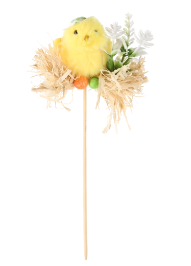 Decorazione pasquale a stecco con pulcino in nido di paglia 5 × 23 cm, mix 3 design (12 pz)