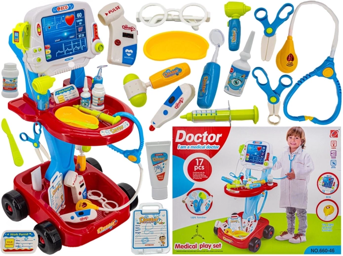 Carrello medico per bambini con monitor ECG e accessori, rosso