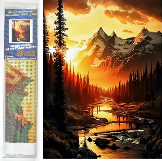 Pittura a diamante - Fiume di montagna al tramonto 30x40 cm