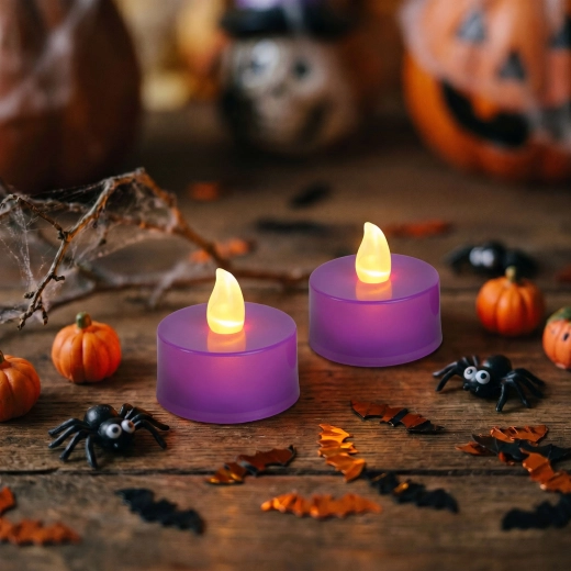 Candele LED tealight viola per Halloween, 2 pezzi