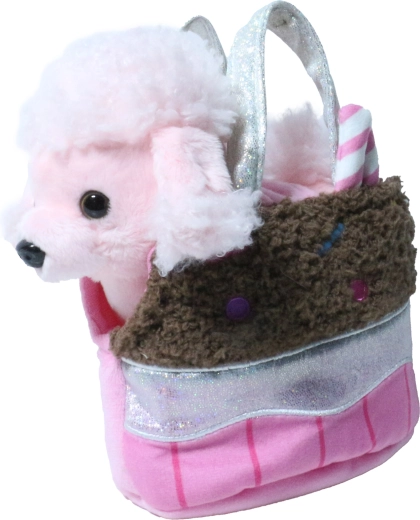 Barboncino rosa di peluche in borsetta color cioccolato
