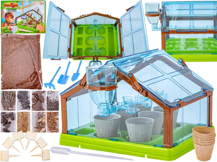 Mini serra per bambini con semi e attrezzi da giardinaggio (blu-verde) - 1 pezzo