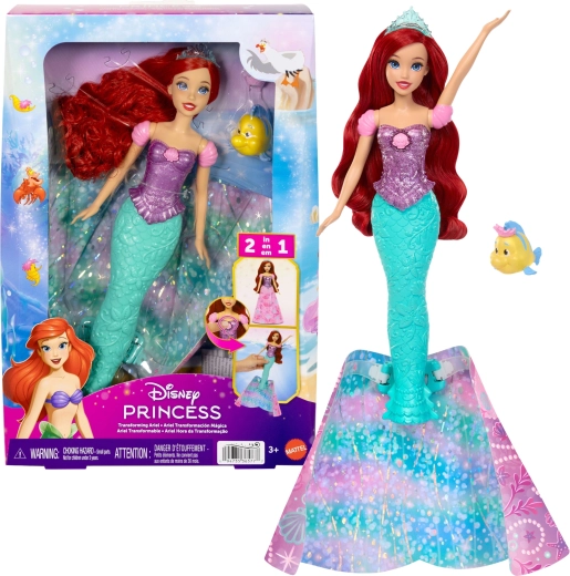 Bambola Disney Princess Ariel 2 in 1, principessa e sirena con accessori