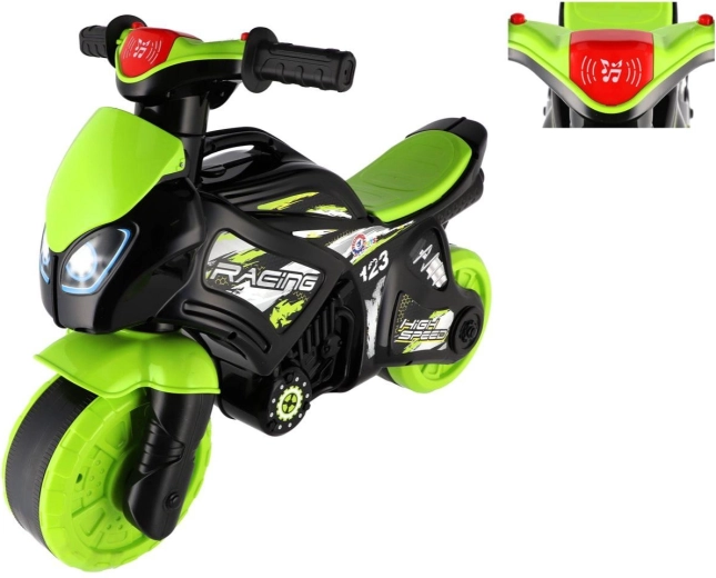 bicicletta senza pedali per bambini a forma di moto verde‑nera con luce e suoni