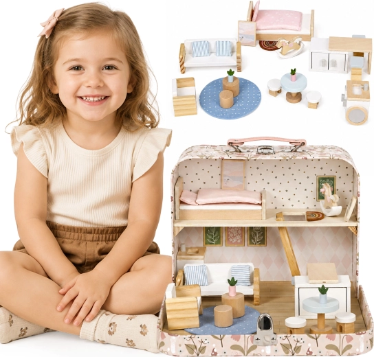 Ecotoys casa delle bambole in legno in valigetta – a due piani con mobili e 20 accessori