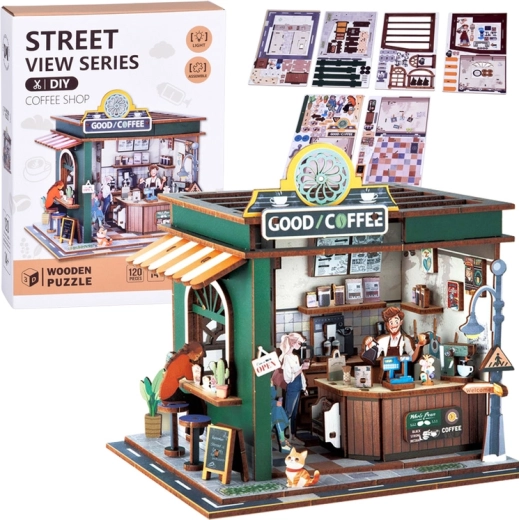Puzzle 3D in legno caffetteria con luce, 120 pezzi