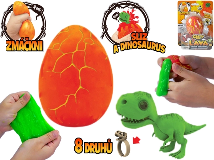 Crazy Dino uovo con slime, figurina di dinosauro e anello