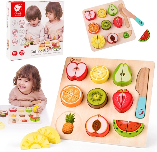 Set da taglio della frutta in legno Montessori Classic World, 20 pezzi