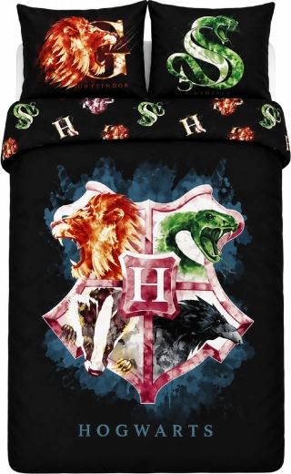 Biancheria da letto in cotone Harry Potter stemmi di Hogwarts nera 140 × 200 cm