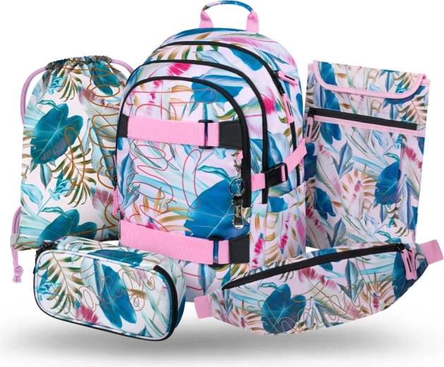 Set scolastico Baagl 5 pz Skate Leafs – zaino, astuccio, sacca per ginnastica, marsupio e custodia per notebook