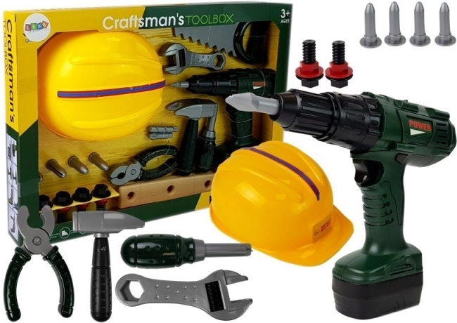 Set di attrezzi per bambini con trapano a batteria e casco