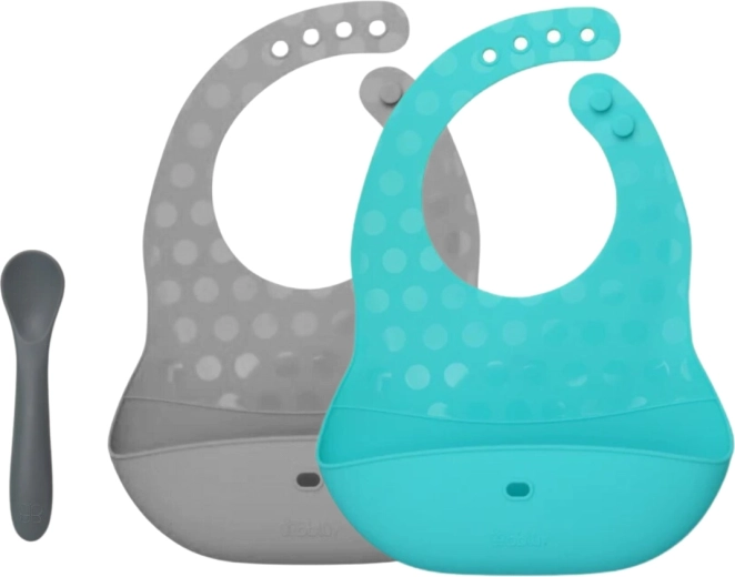 Bblüv pöket set di bavaglini e cucchiaino in silicone aqua/grigio