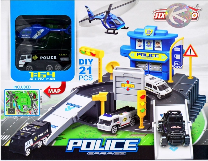 Parcheggio della polizia con set di auto ed elicottero