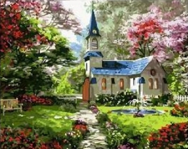 Norimpex pittura con diamanti Chiesa nel giardino primaverile 30 × 40 cm