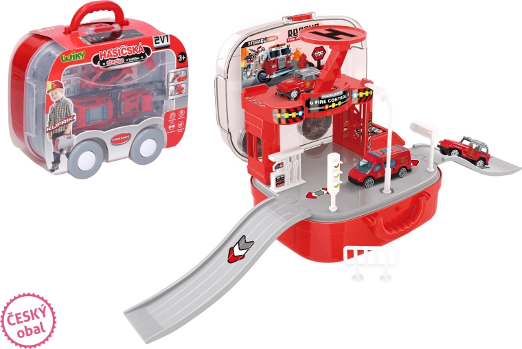 Stazione dei pompieri in valigetta con auto ed elicottero