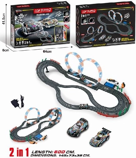 Pista da corsa 2 in 1 con loop, 2 auto, 600 cm, 1:43
