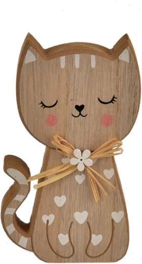 Decorazione in legno a forma di gatto con cuoricini marrone-bianco 15 cm