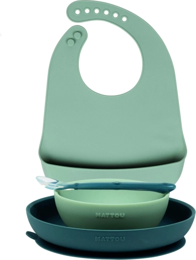 Nattou set da pranzo in silicone con bavaglino, 4 pezzi, verde, senza BPA