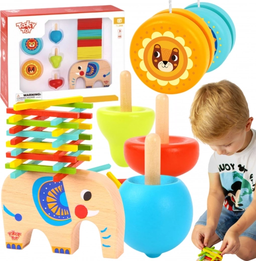 Set di giochi in legno – elefante, mikado, trottola e yo-yo 46 pz TOOKY TOY