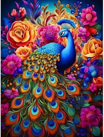Norimpex Dipingi con i numeri Pavone tra fiori colorati 40 × 50 cm