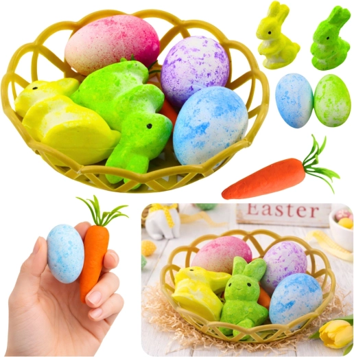 Decorazione pasquale in cestino con coniglietti, uova e carota - 6 pezzi