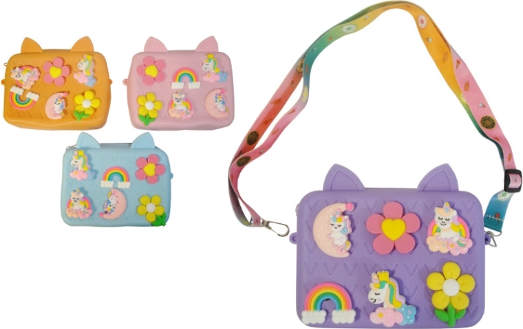Borsetta in silicone Pop It con applicazioni 3D a tema unicorno - 1 pezzo