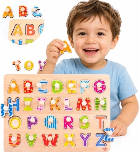 Puzzle a incastro Montessori in legno Tooky Toy alfabeto con impugnature