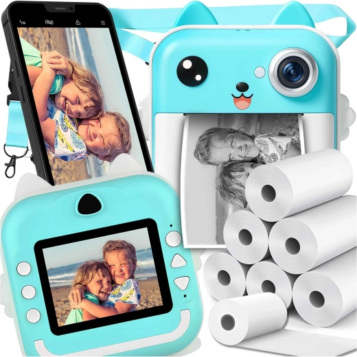 Fotocamera per bambini con stampa termica istantanea e 6 rotoli di carta – blu