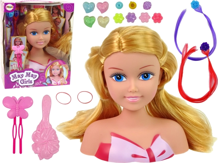 Testa per pettinatura della bambola con perline, mollette e ciocche colorate