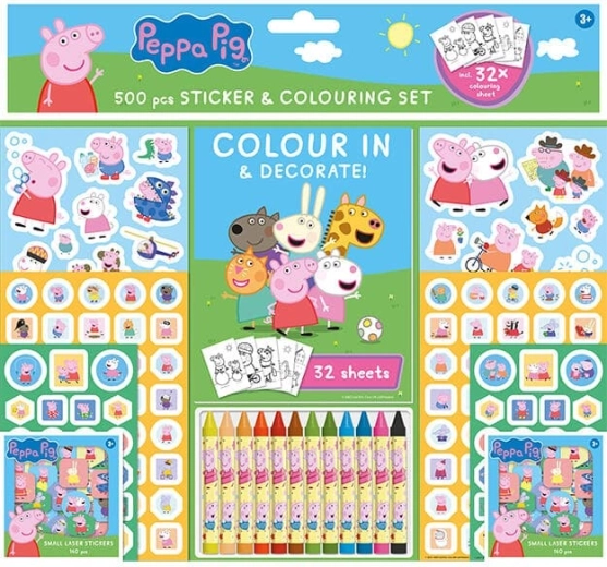 Set di adesivi con album da colorare e pastelli a cera Peppa Pig (500 pz)