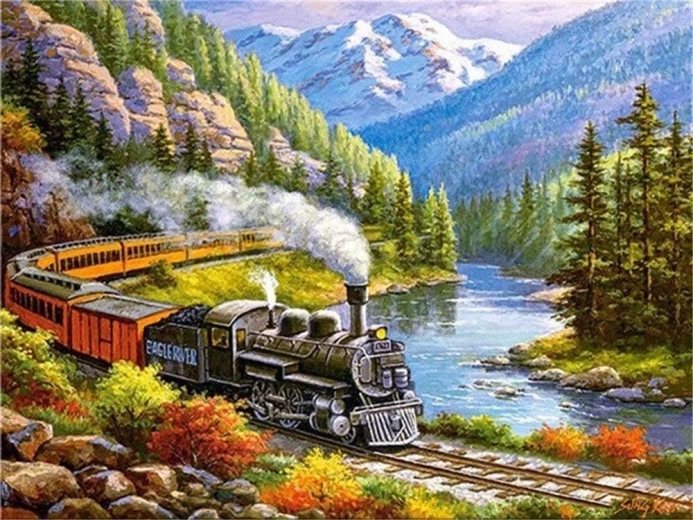 Pittura diamantata – treno nella valle montana 30 × 40 cm
