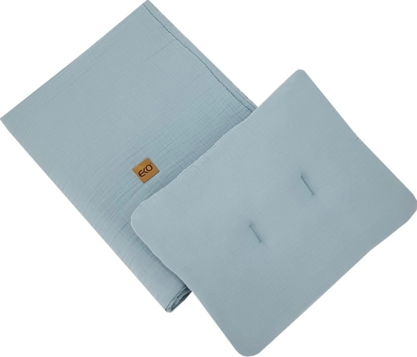 Set ecologico in mussola per lettino blue (cuscino 30 × 40 cm, coperta 75 × 100 cm)