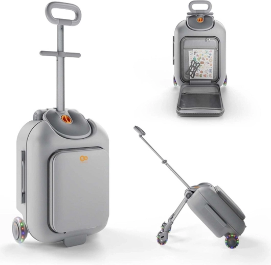 Kinderkraft Cabby grigio, valigia da viaggio per bambini con seduta 2 in 1