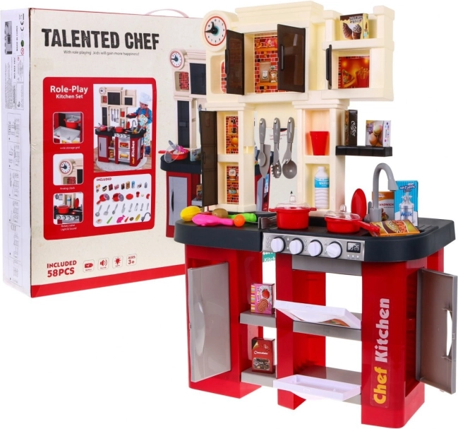 cucina giocattolo interattiva con rubinetto d’acqua, luci e suoni, 58 pezzi