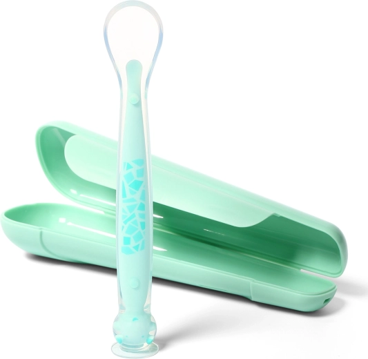 BabyOno cucchiaino in silicone con ventosa e custodia da viaggio, menta, 6m+