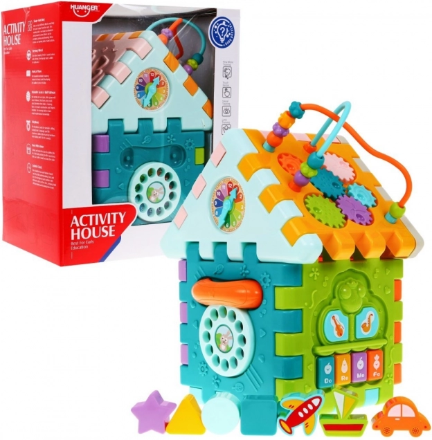 Casetta sensomotoria pieghevole per bambini 18m+ con mini giochi, 9 puzzle, selezionatore di forme, infilatura e orologio