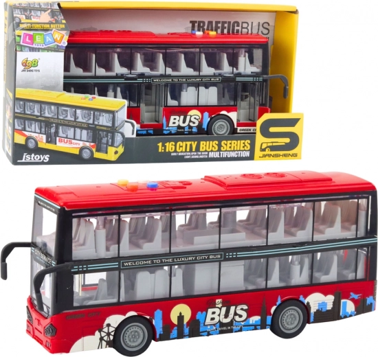 Autobus urbano a due piani 1:16 con trazione a frizione, luci e suoni – rosso