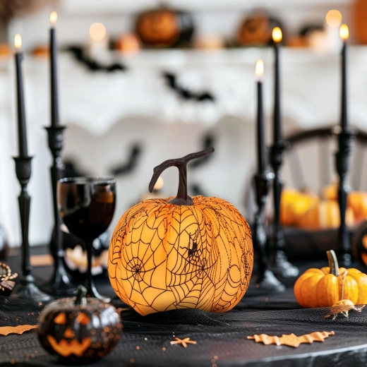 Zucca decorativa di Halloween con ragnatela 16,5 cm