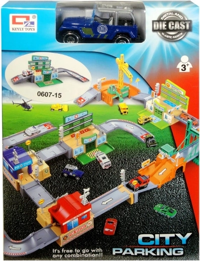 Parcheggio cittadino con macchinina in metallo e accessori