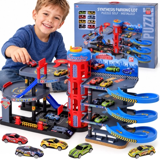 Grande garage multipiano con ascensore, rampe e automobiline