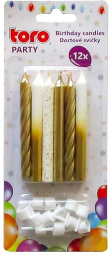 Candeline per torta con supporto TORO, 7,5 cm, oro e bianco, 12+12 pz