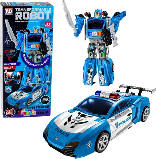 Robot della polizia 2 in 1 con auto sportiva della polizia, luci, suoni e lanciaproiettili – 29 pezzi