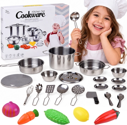Set da cucina in metallo per bambini con stoviglie e verdure da tagliare