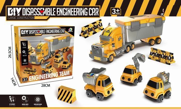 Autotreno container con veicoli da costruzione